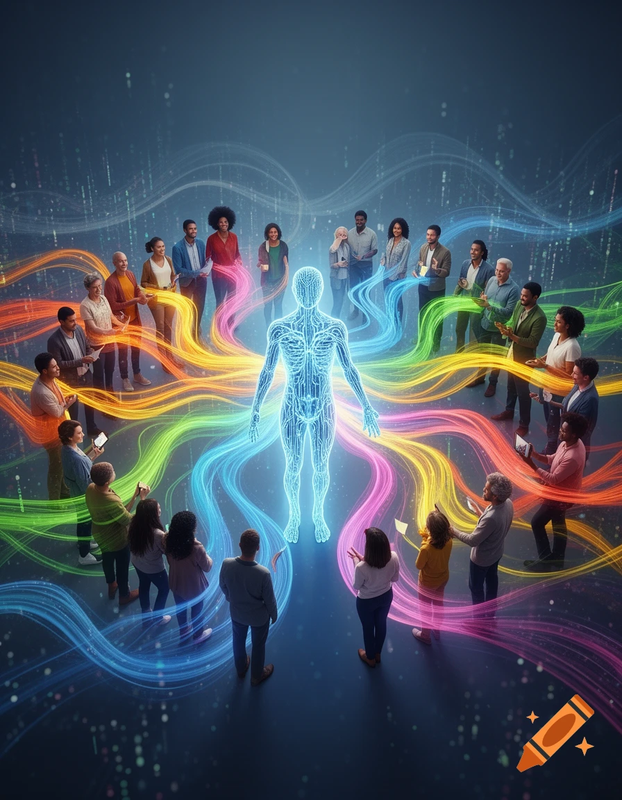 A diverse group of people gather around a glowing, translucent human body, connected by vibrant, flowing light trails on a dark background.