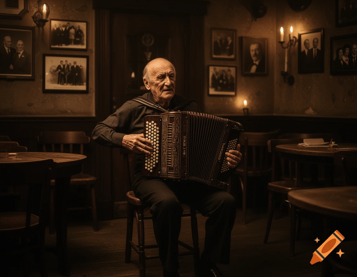 An old man with a serious expression plays an accordion in a dimly lit, sepia-toned room with framed pictures and candles on the walls, in a photorealistic style.