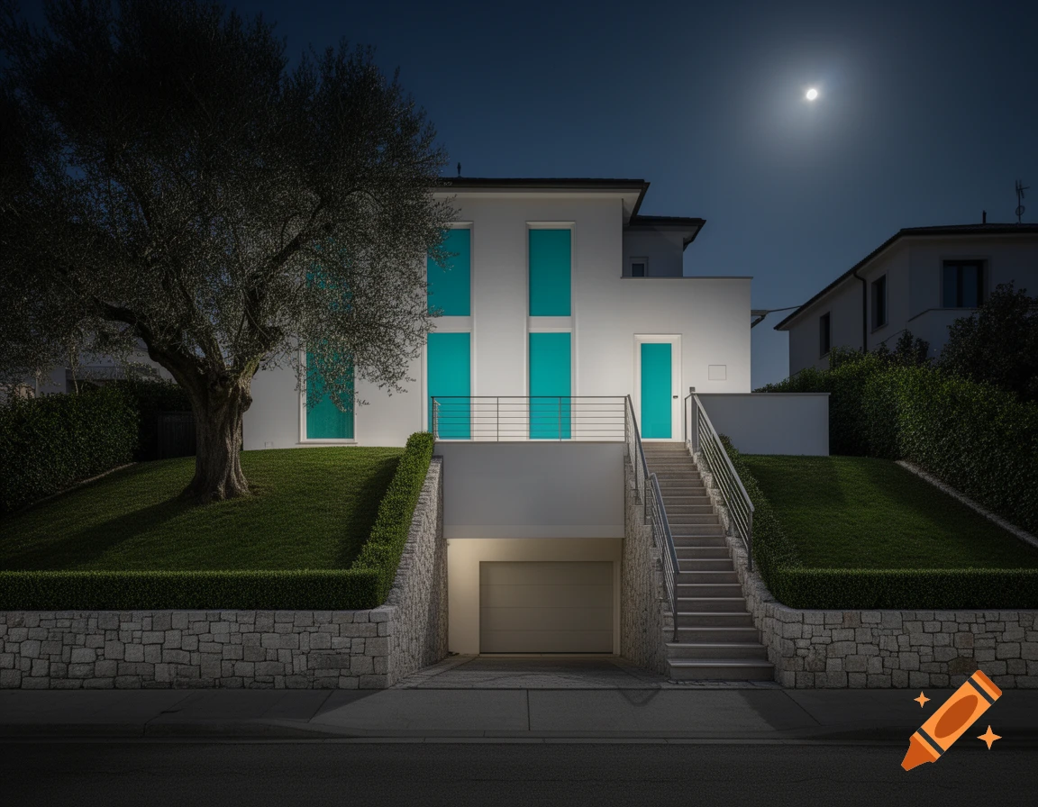 Modern white multi-story house with bright turquoise windows and door at night, a large olive tree to the left, and a garage entrance below stone walls.