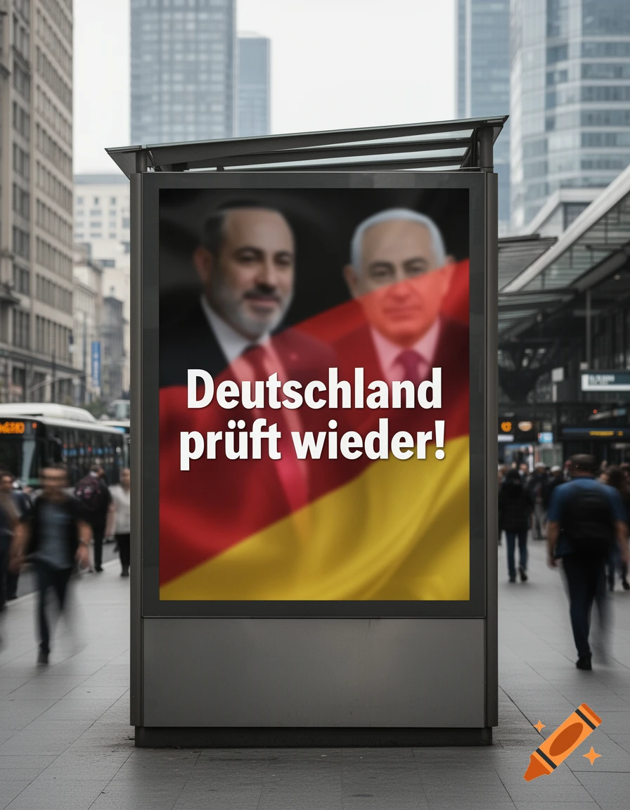A photorealistic image of a political billboard on a city street, displaying 'Deutschland prüft wieder!' over a blurred German flag and two blurred political figures.