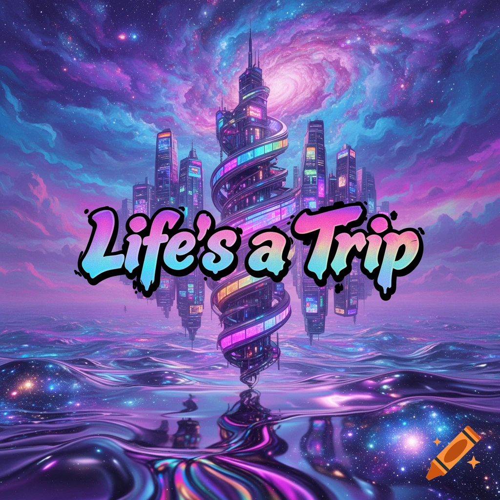 Vibrant, surreal cityscape with 'Life's a Trip' text floating above glowing water under a cosmic purple sky with a galaxy.