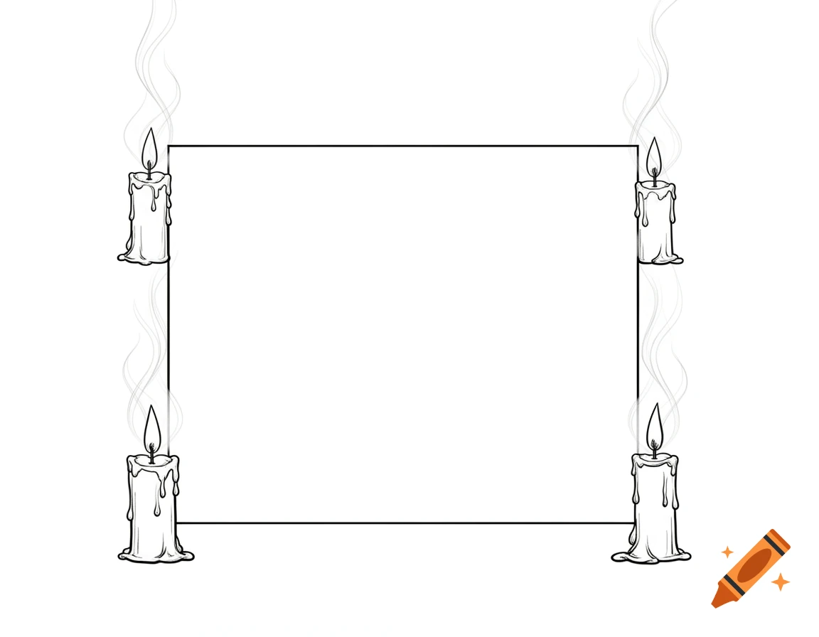 A black and white line drawing of a rectangular frame with a lit candle at each corner, producing smoke.
