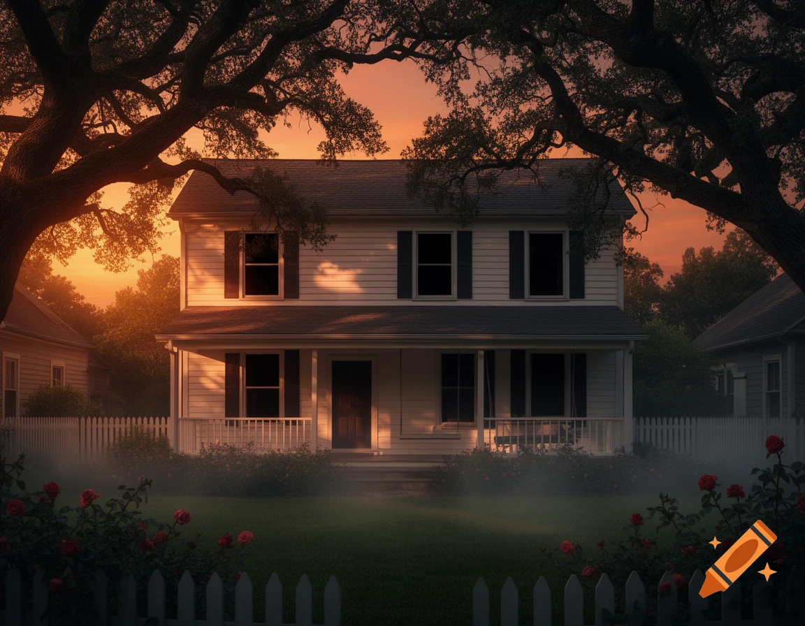 A white suburban house at sunset, framed by dark trees, with a picket fence, red roses, and an eerie fog on the lawn.