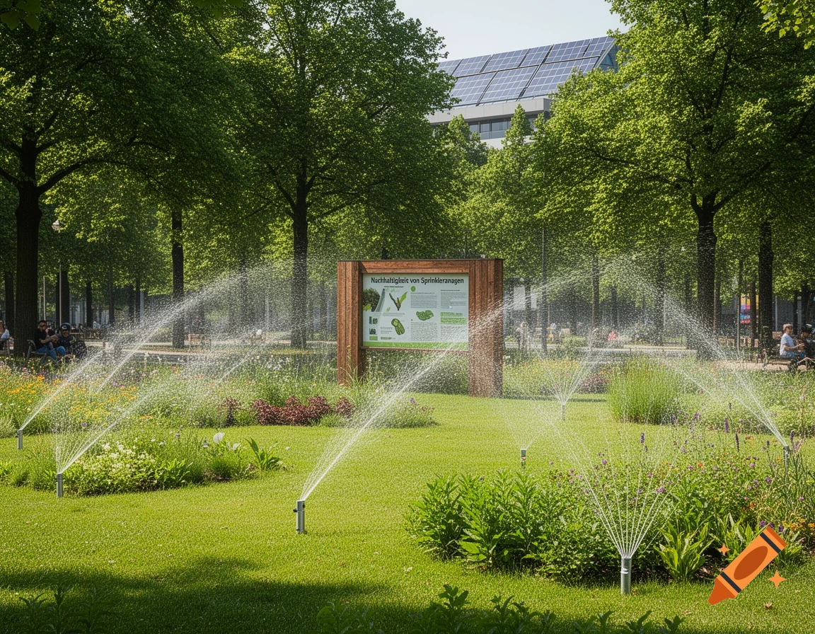 Photorealistic image of a lush green park with multiple sprinklers watering flower beds, a wooden sign, and trees. Solar panels are visible on a building in the background.