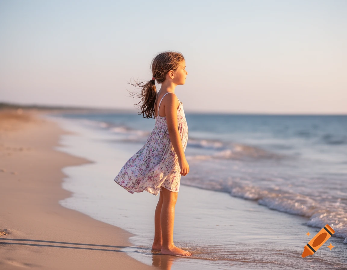 A young girl in a floral dress stands barefoot on a sandy beach at the water's edge, looking out at the ocean during golden hour.