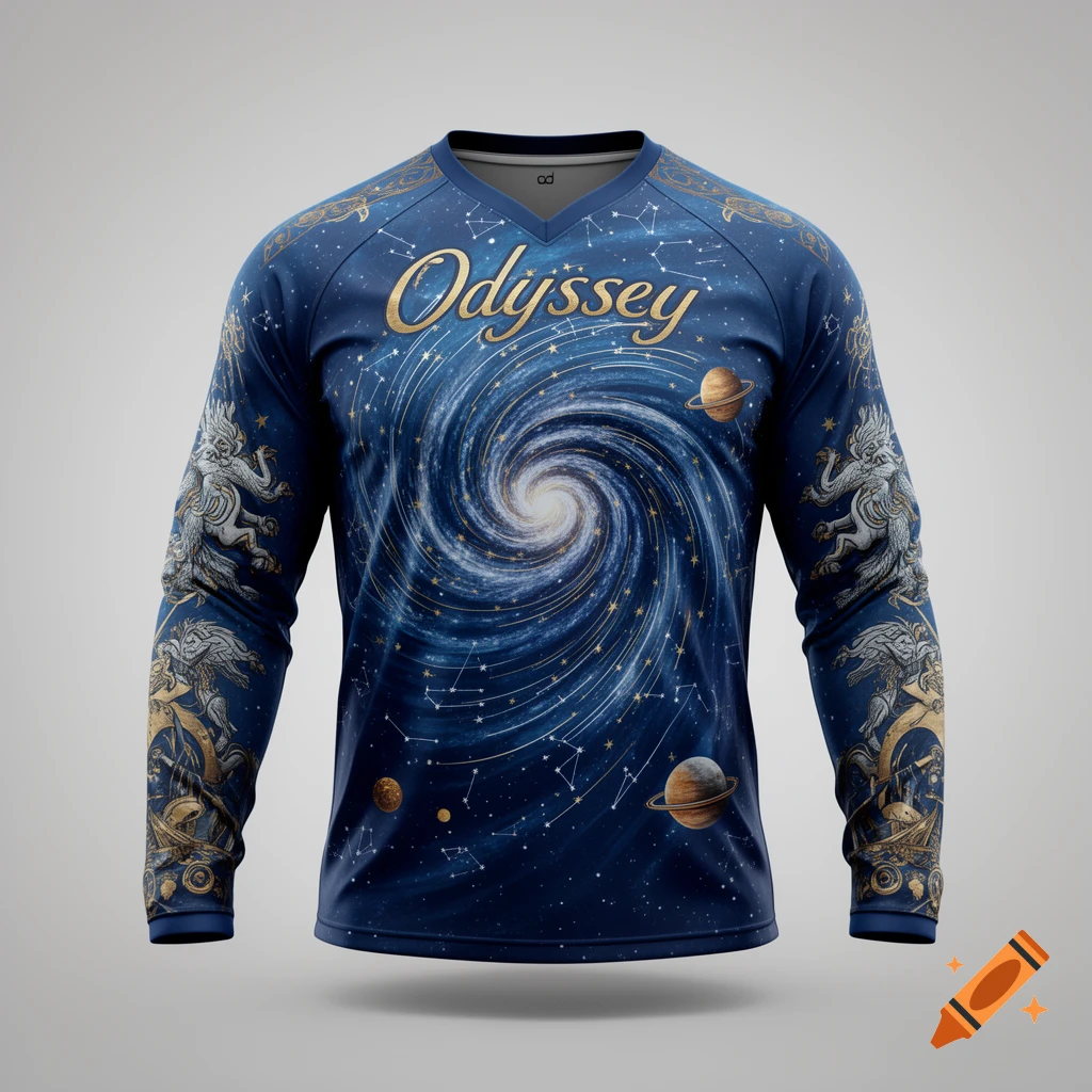 A blue long-sleeved jersey with a swirling galaxy, stars, planets, and 'Odyssey' text on the chest, flanked by golden mythical creature designs on the sleeves.
