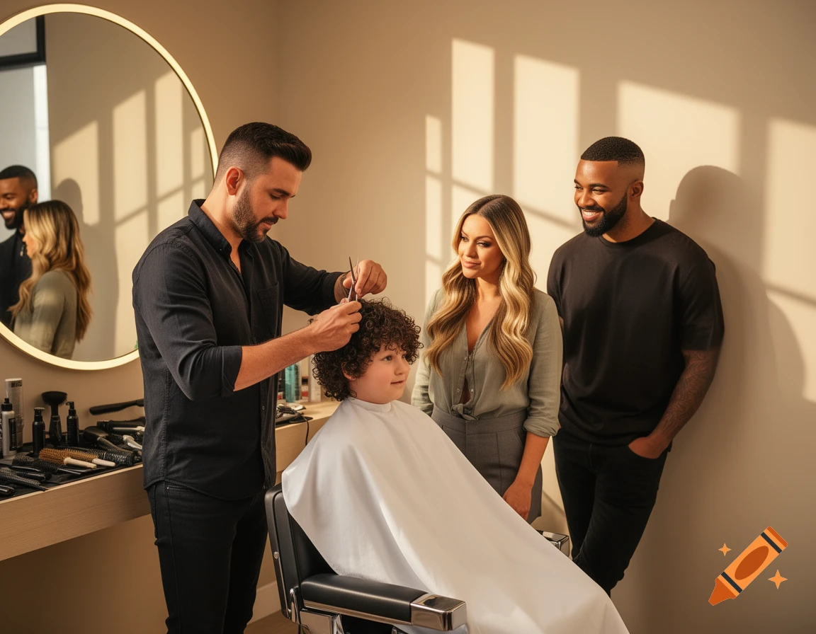 A male hairdresser cuts the curly hair of a child in a white cape, while a man and woman watch in a modern salon.