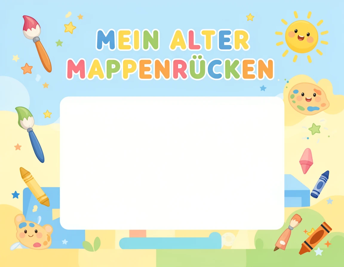 A colorful, cartoon-style portfolio sheet for kids with art supplies, a sun, and the German text 'Mein Alter Mappenrücken' above a white frame.