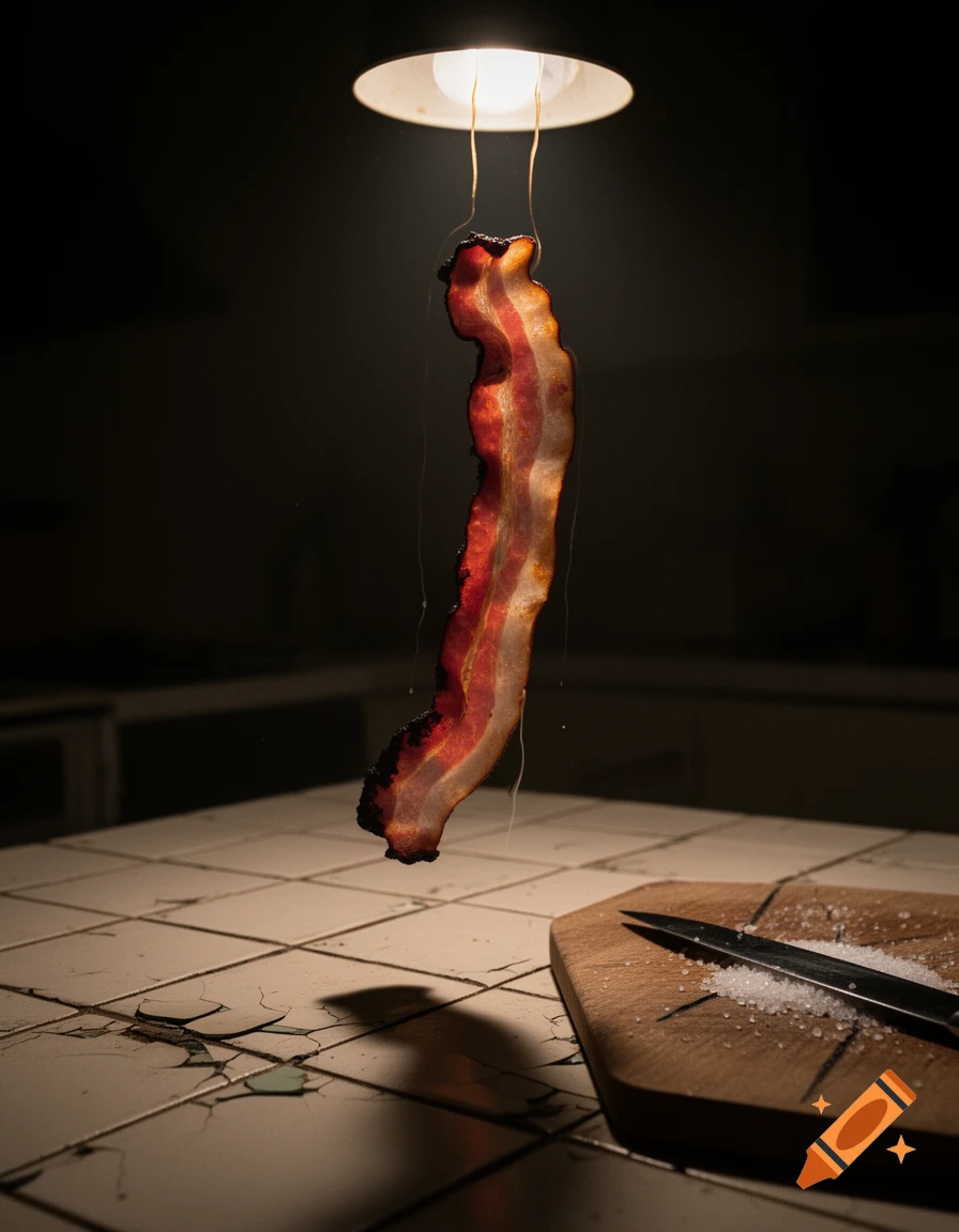 A slice of bacon hangs suspended from a lamp in a dark, grimy kitchen, with a knife and salt on a cutting board.