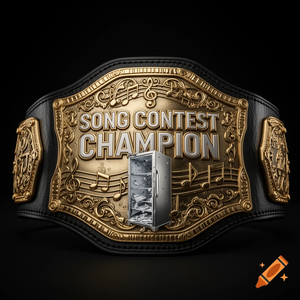 A detailed gold and black wrestling championship belt with "SONG CONTEST CHAMPION" and a broken refrigerator on it, against a black background.