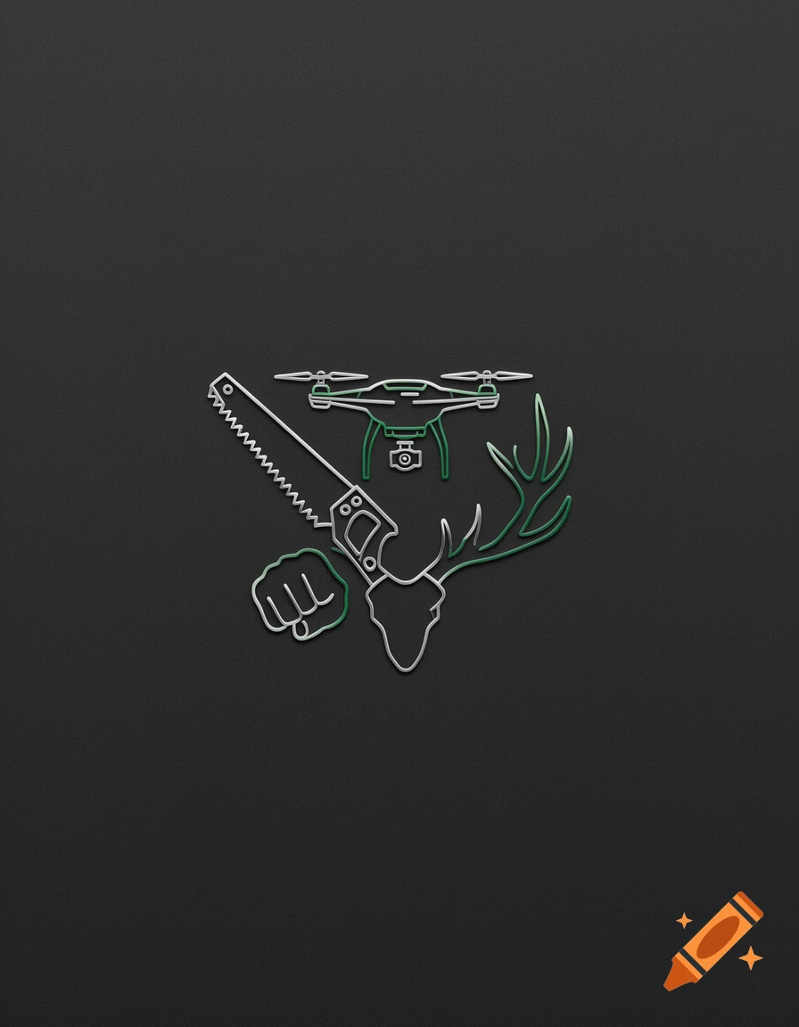 A minimalist line art graphic combining a saw, drone, fist, and deer antler in elegant forest green and steel silver on a dark gray background.