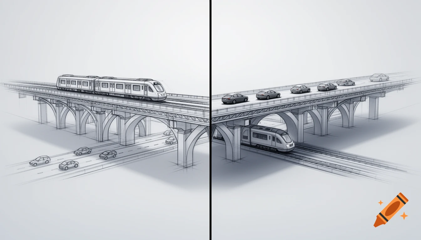 Sketch of a bridge system divided into two sections, one with a train on top and cars below, the other with cars on top and a train below.
