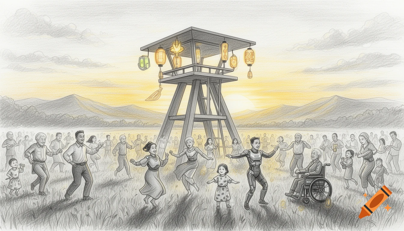 Hand-drawn pencil drawing of diverse people dancing around a modern yagura tower with glowing lanterns at sunset.