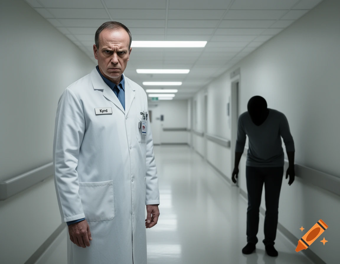 A stern doctor with a 'Kyrrd' name tag stands in a hospital hallway, with a faceless figure in the background.