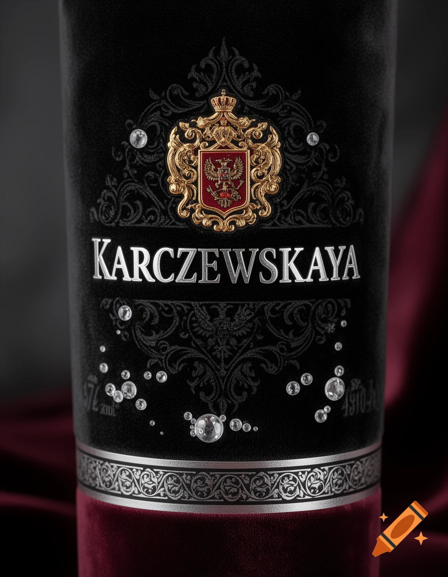 Close-up of a black and silver vodka label with a golden crest, 'KARCZEWSKAYA' text, and crystal details on red velvet.