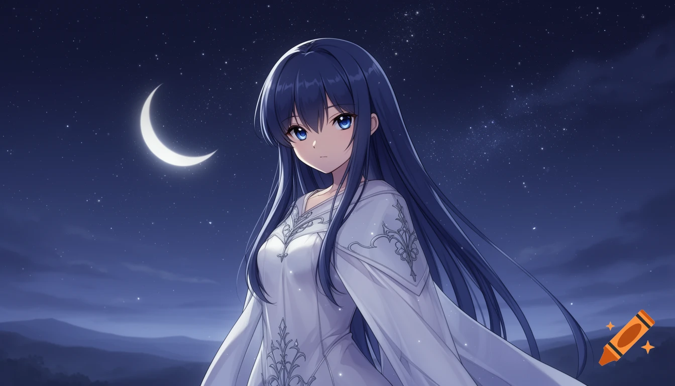 Anime girl with long blue hair and blue eyes in a white dress under a starry night sky with a crescent moon.