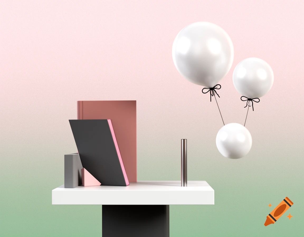 Minimalist 3D abstract composition: geometric shapes, books, and three white balloons on a white platform, against a pink to green gradient.