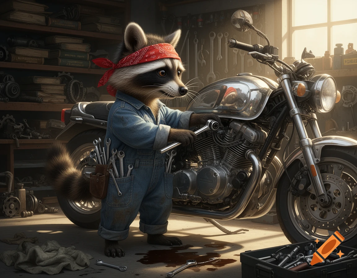 An anthropomorphic raccoon wearing a red bandana and denim overalls works on a motorcycle in a detailed garage setting.