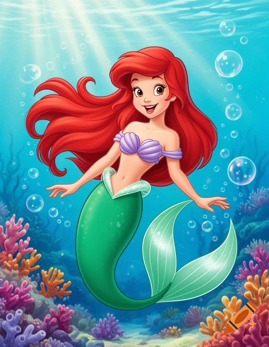 A smiling cartoon mermaid with long red hair, purple shell top, and green tail swims among colorful coral and bubbles underwater.