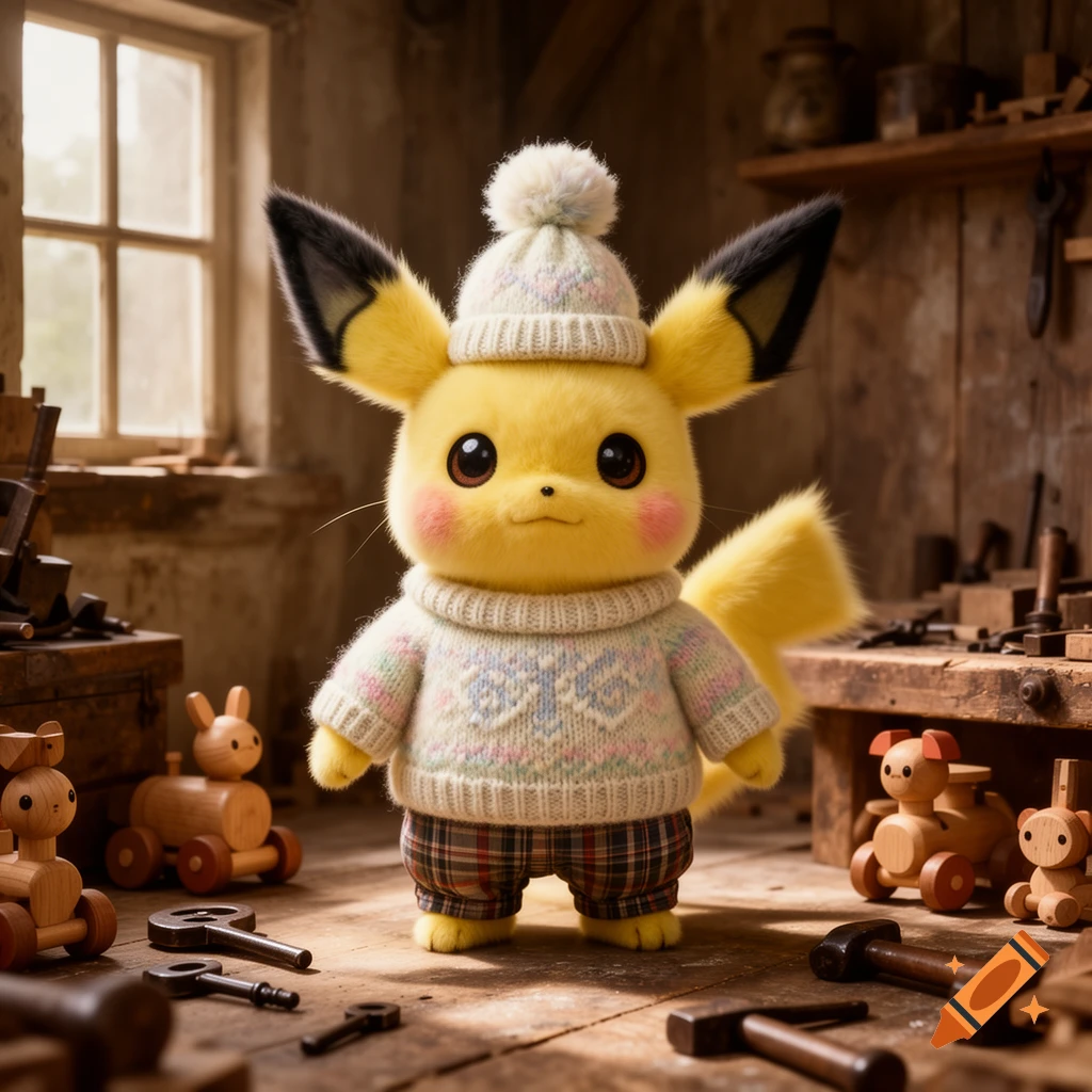 A fluffy Pikachu wearing a knitted sweater, plaid shorts, and a pom-pom beanie sits in a rustic wooden workshop.