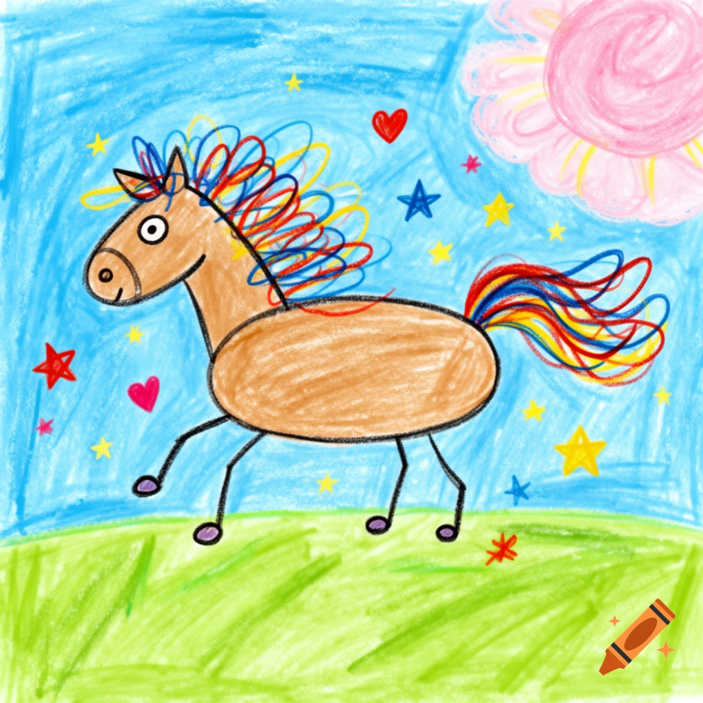 A whimsical crayon drawing of a brown horse with a rainbow mane and tail, prancing in a field under a blue sky with stars.