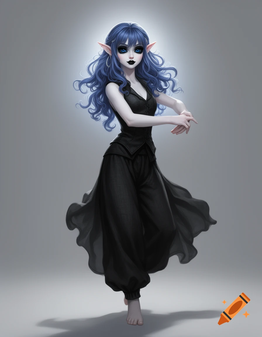 Digital fantasy art of a pale elven dancer with blue hair, black outfit, and pointed ears, in a graceful pose.