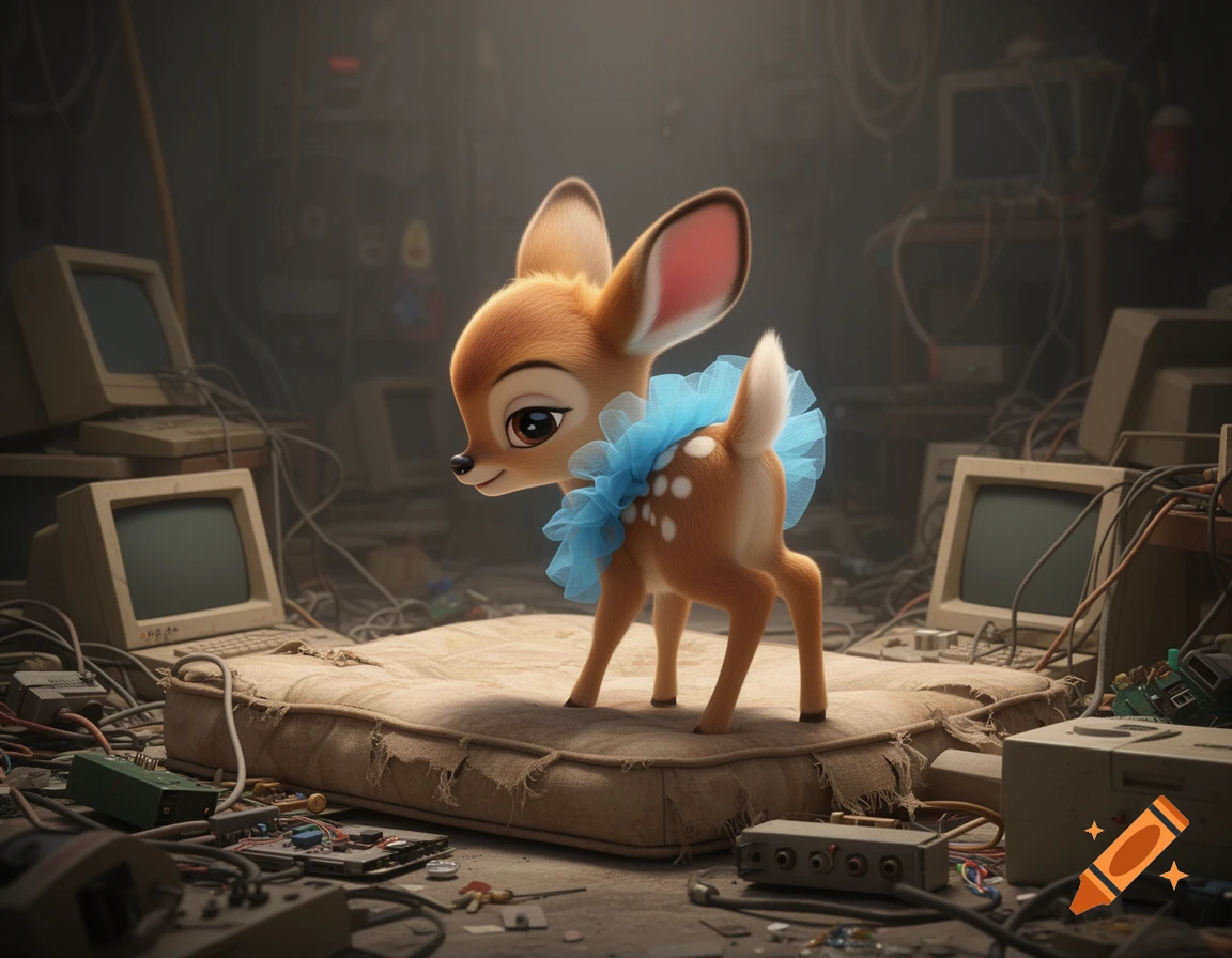 A cute, animated fawn wearing a blue tutu stands on a mattress in a cluttered room filled with vintage computers.