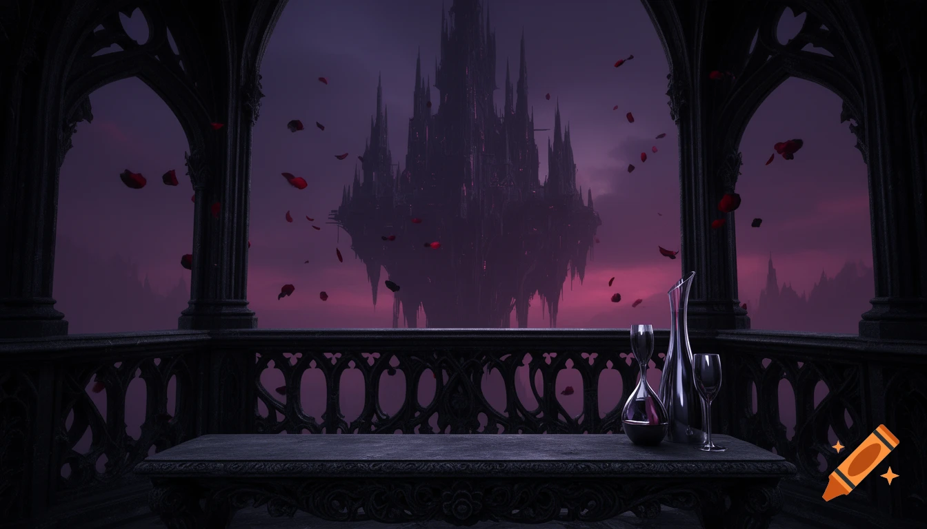 A gothic balcony with a stone table, wine decanters, and falling rose petals, overlooking a floating dark castle against a violet-pink sky.