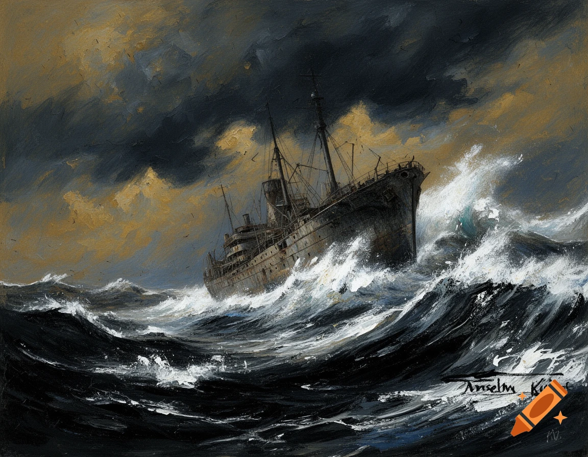 A painting of a large, dark ship struggling in a tempestuous, foamy grey and black sea under a stormy sky.