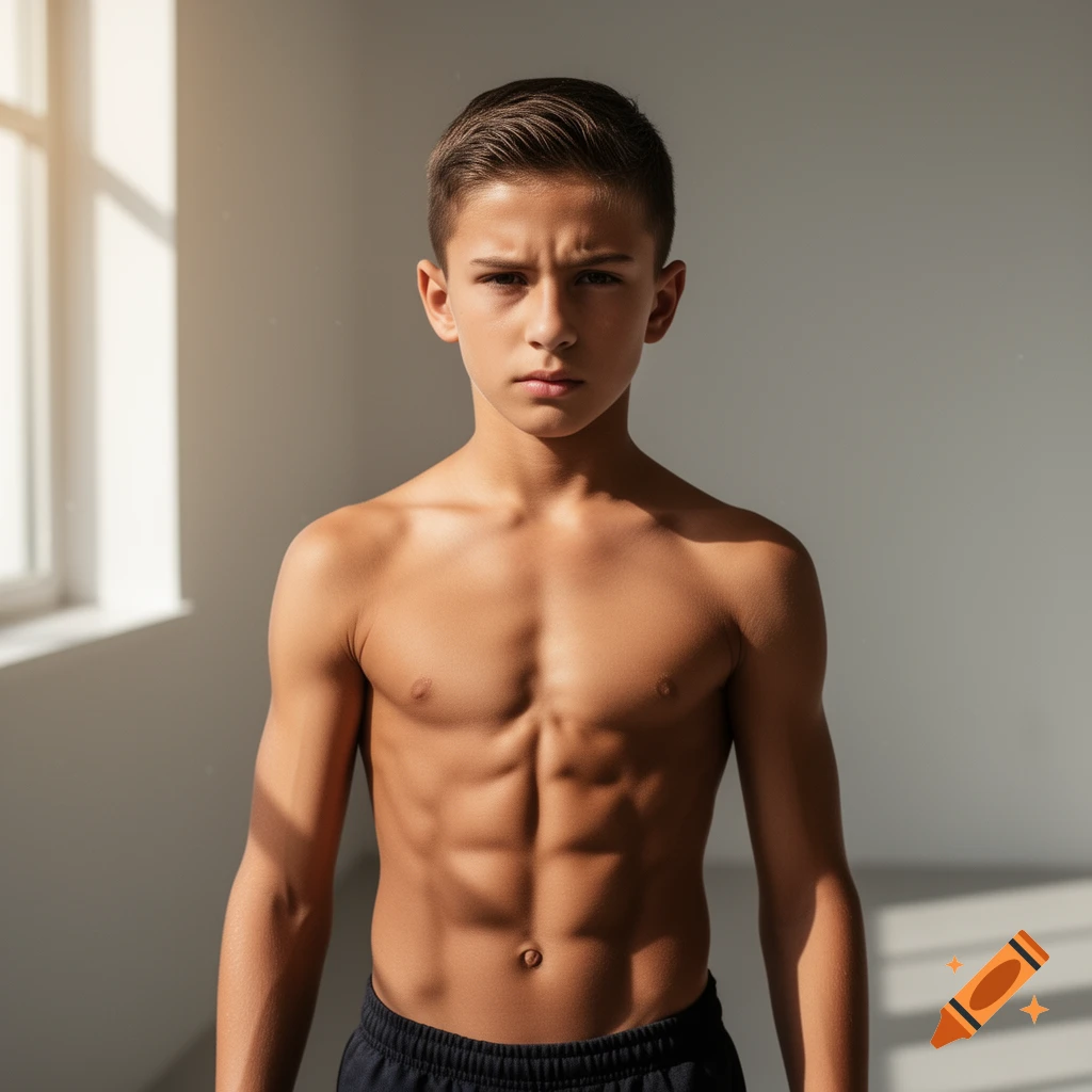 Photorealistic portrait of a muscular young boy with visible abs, looking directly at the camera.