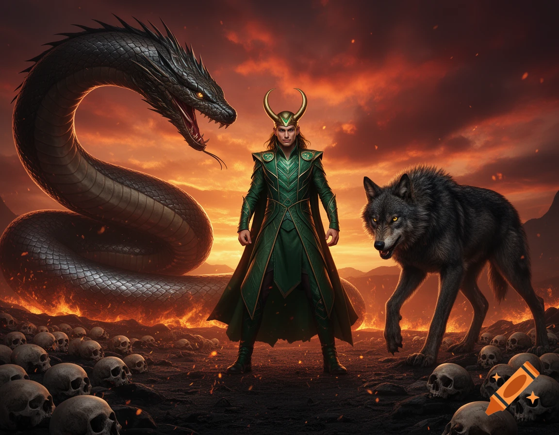 Loki in green armor stands with a giant serpent and a large wolf on a skull-covered, fiery landscape under a red sky.