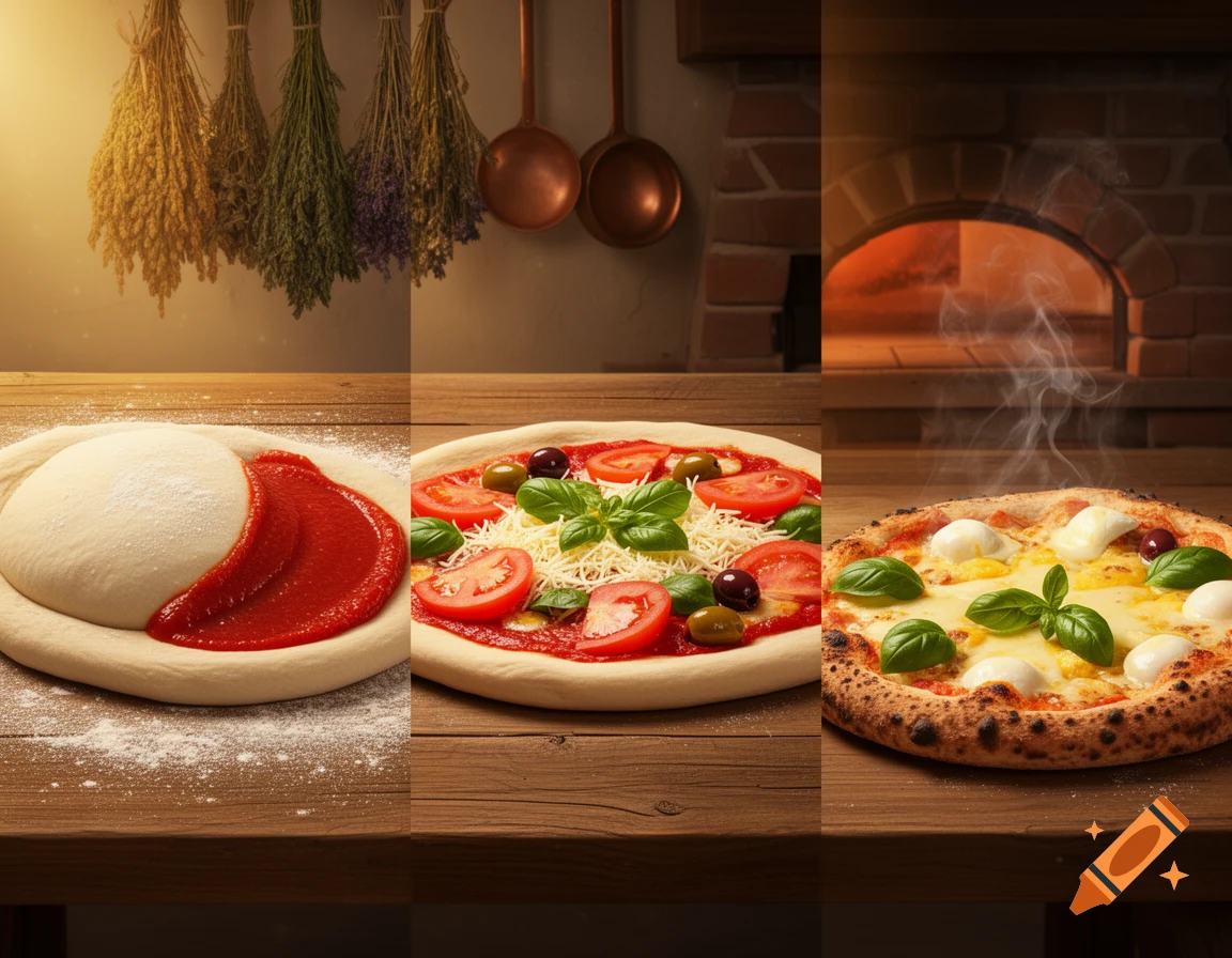 Three panels depict the step-by-step process of making pizza: dough with sauce, uncooked pizza, and a steaming baked pizza.