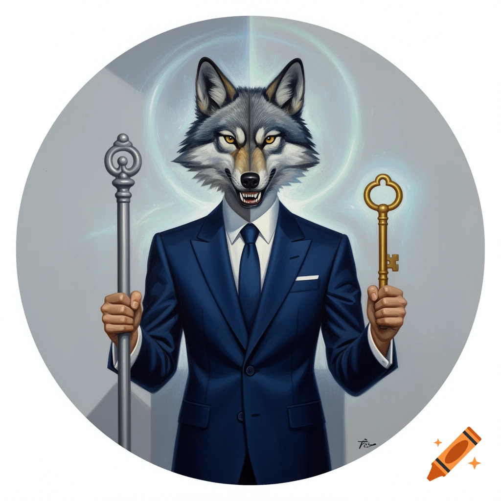 A round portrait of an anthropomorphic wolf in a dark blue suit, holding a silver staff and a golden key against a light background with a glowing halo.