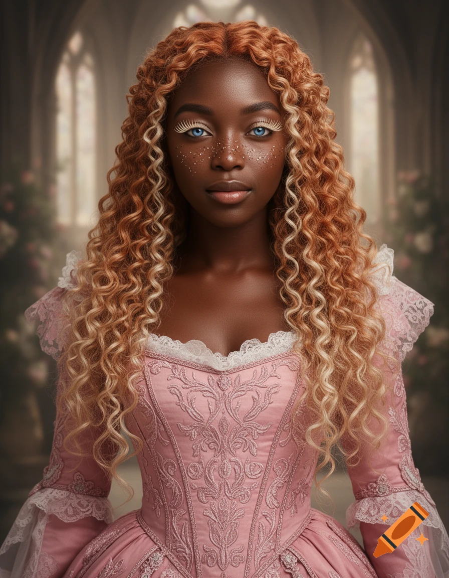A Black princess with strawberry-blonde curly hair, blue eyes, and pale lashes, wearing an ornate pink royal gown in a high fantasy style.