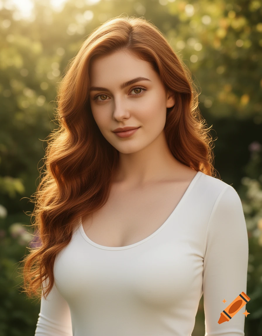 Photorealistic portrait of a young woman with long red wavy hair, brown eyes, and a soft smile, wearing a white top outdoors in golden sunlight.