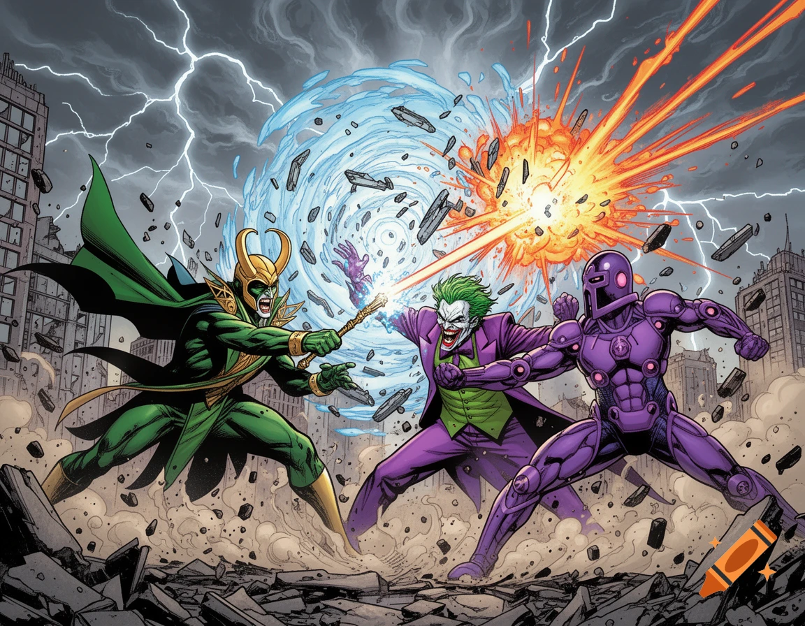 Comic book art of Loki, Joker, and a purple armored villain battling in a destroyed city with lightning and explosions.