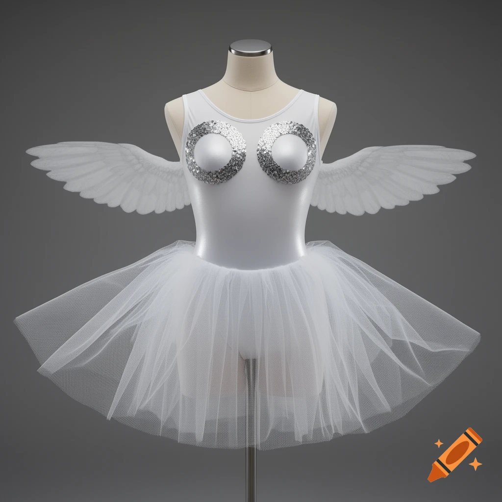 White dance leotard with silver sequin circles and white tulle tutu with attached wings on a mannequin against a gray background.