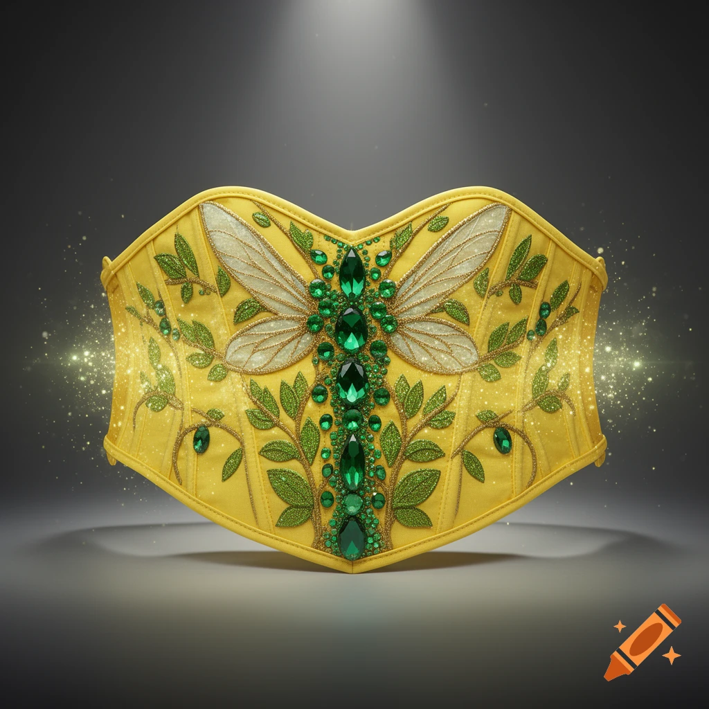 Yellow underbust corset with a green rhinestone and emerald fairy wing and leaf pattern, accented with gold glitter and pixie dust.