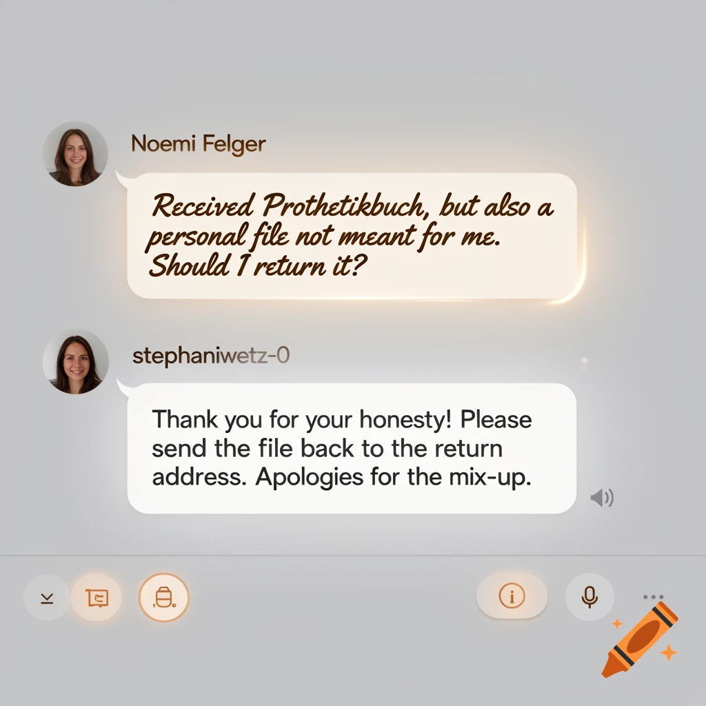 A screenshot of a chat conversation between Noemi Felger and stephaniwetz-0, discussing the accidental delivery of a personal file along with a book.