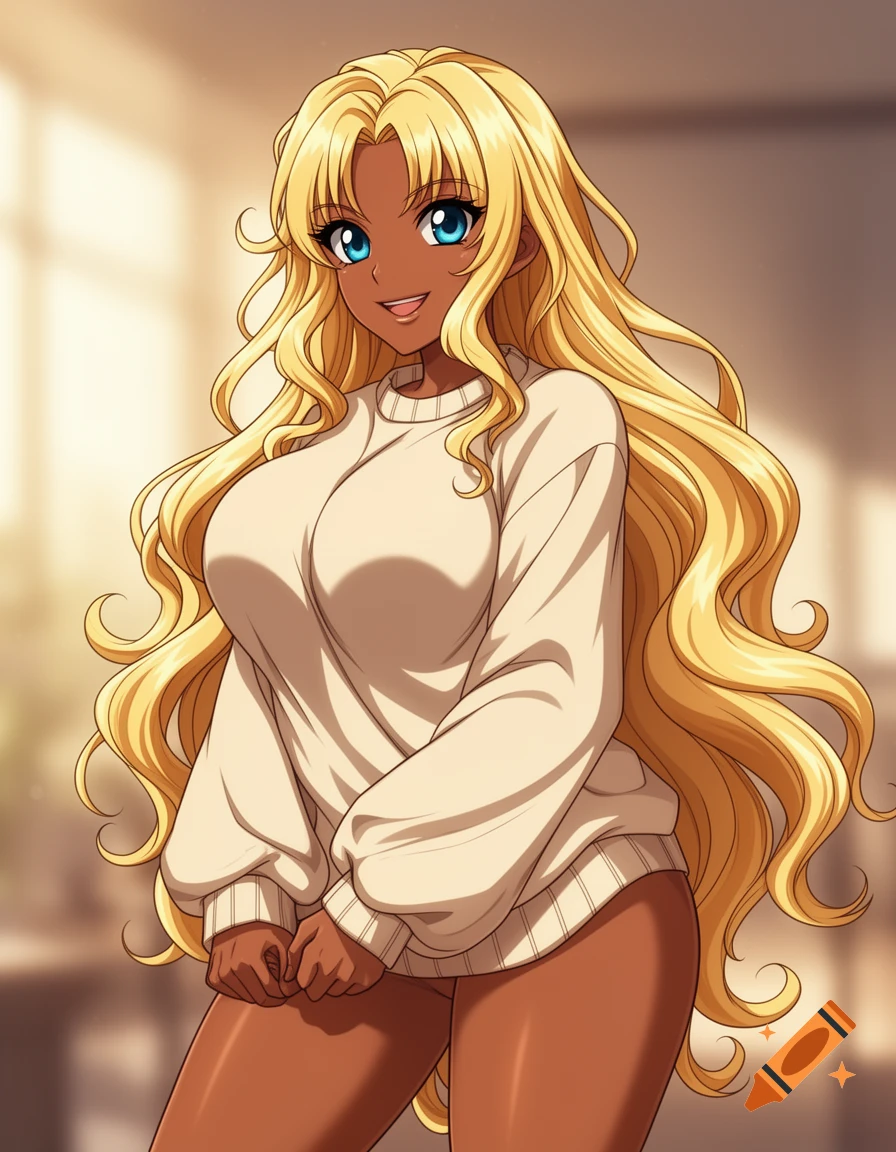 Anime woman with brown skin, long blonde wavy hair, and blue eyes, smiling while wearing a cream oversized sweater.