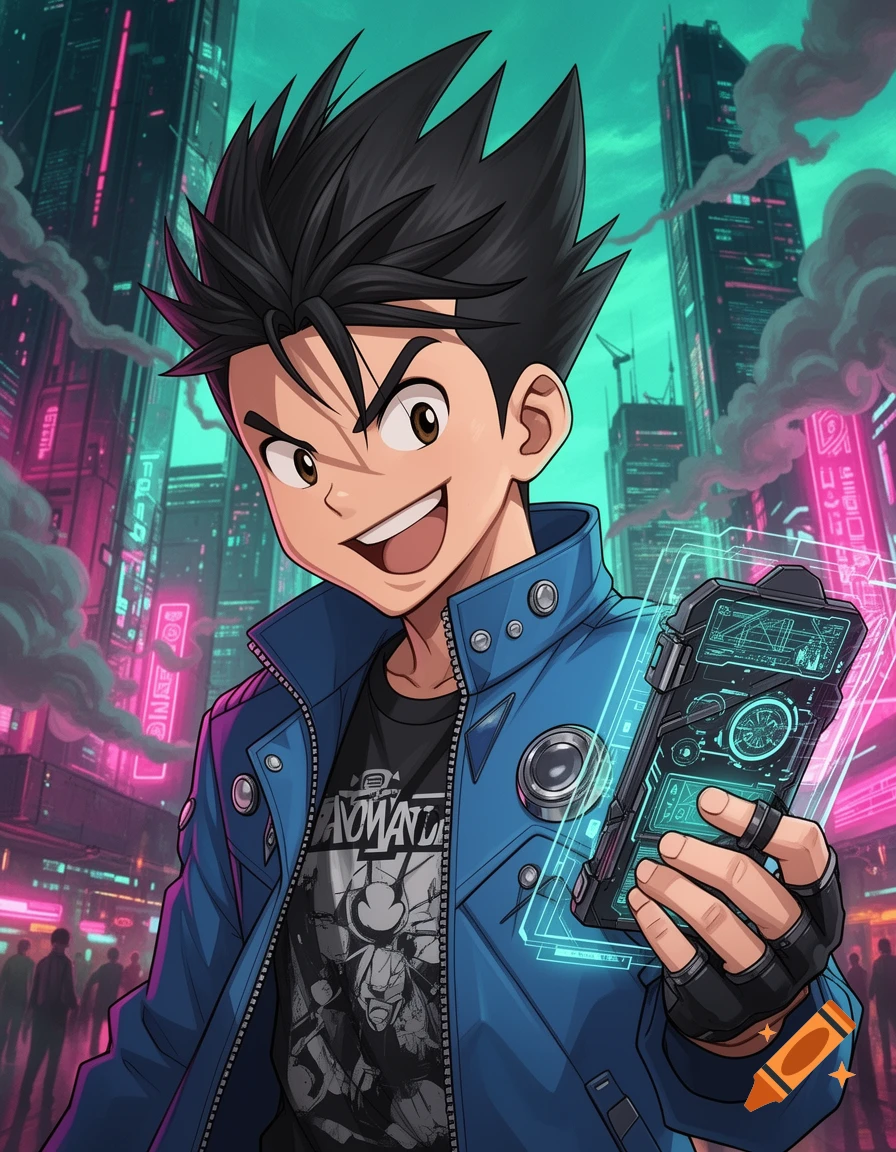 A smiling anime boy in a blue jacket holds a glowing futuristic device in a vibrant neon cyberpunk city.