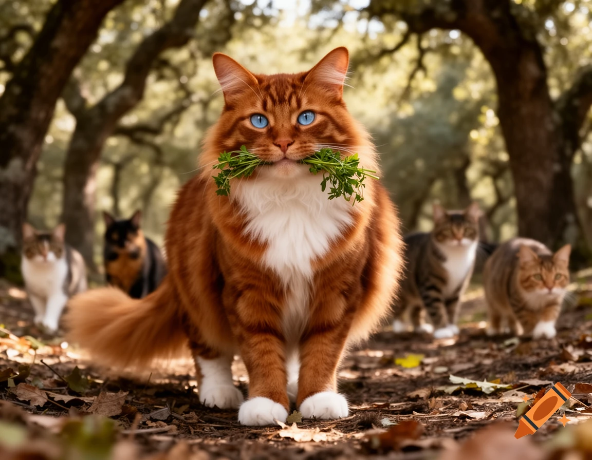 A photorealistic dark ginger cat with blue eyes holds herbs in its mouth, standing in an oak forest with other blurry cats and a dog in the background.