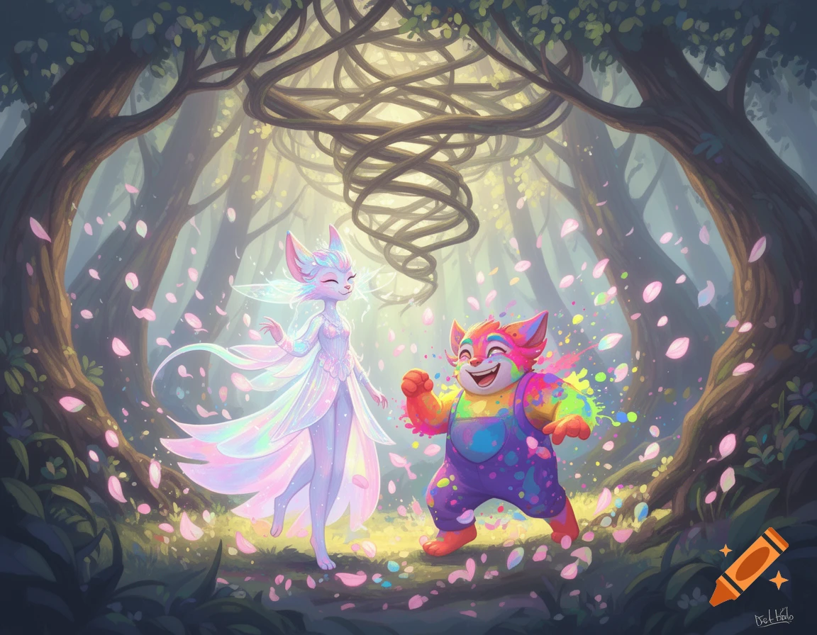 A whimsical, colorful digital painting of two fantasy creatures in an enchanted forest with glowing light and falling petals.