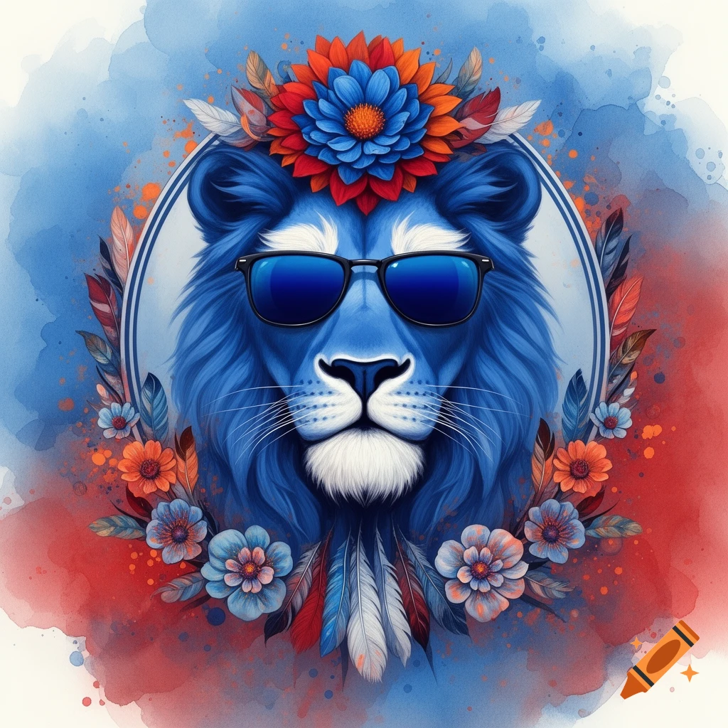 Blue lion head with white muzzle, wearing blue sunglasses, adorned with a floral and feather wreath in a watercolor boho style.