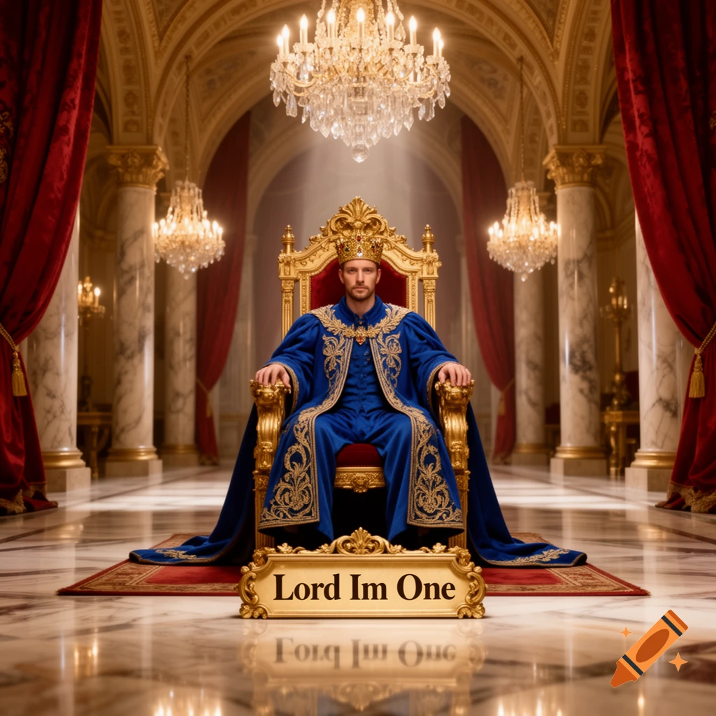 A photorealistic image of a king in a blue and gold robe on a golden throne in a lavish palace, with a sign 'Lord Im One'.