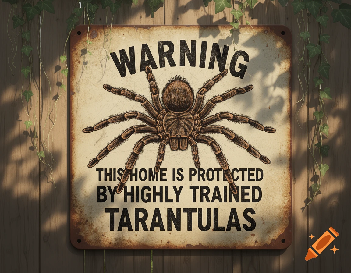 Vintage warning sign with a tarantula on a wooden fence, reading 'WARNING THIS HOME IS PROTECTED BY HIGHLY TRAINED TARANTULAS'.