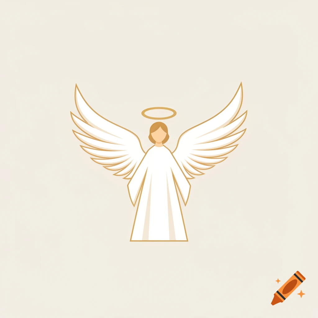 Simple, minimalist vector illustration of a golden-outlined angel with white wings and a halo, on a light background.