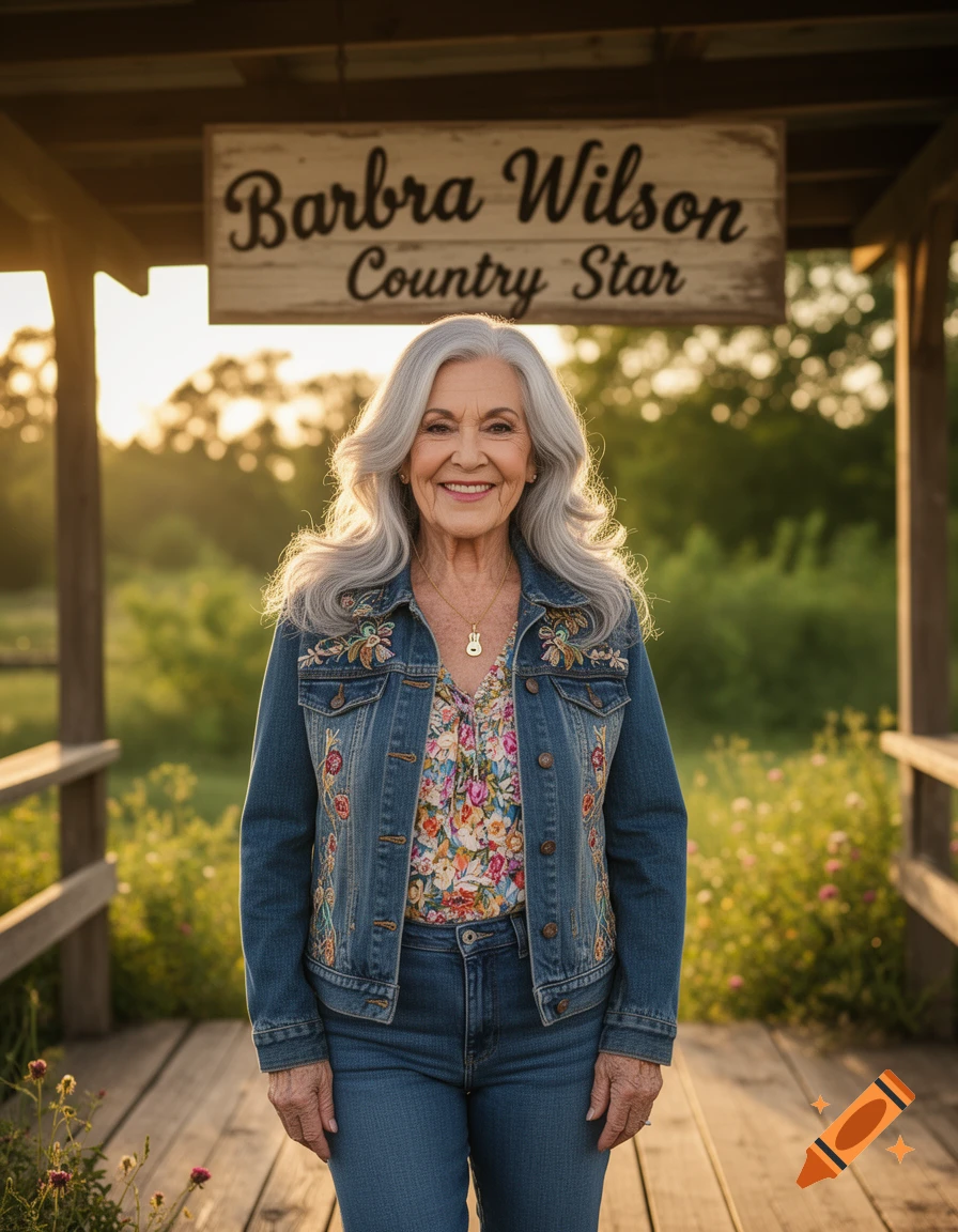 A smiling older woman with long gray hair in a denim jacket stands on a wooden bridge under a sign reading "Barbra Wilson Country Star" at sunset.