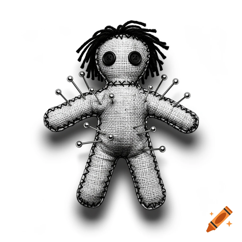 A grayscale voodoo doll with button eyes and yarn hair, covered in pins, against a white background.