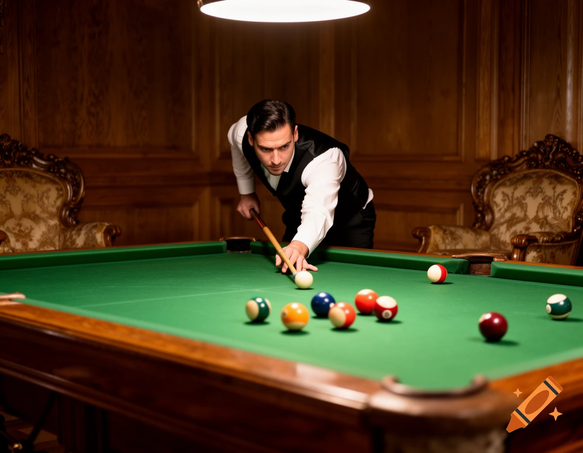 A man in a waistcoat aims a cue stick, playing billiards on a green table in an elegantly paneled room.